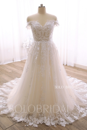 Light champagne A line New Lace Off Shoulder Wedding Dress 724A0674