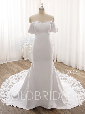 White Fit and Flare Off Shoulder Crepe Wedding Dress with Lace Tail DPP_000a