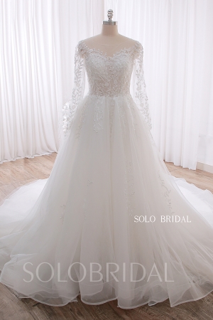 20240530Ivory sparkly beaded Lace Long Sleeve Long Train Wedding Dress