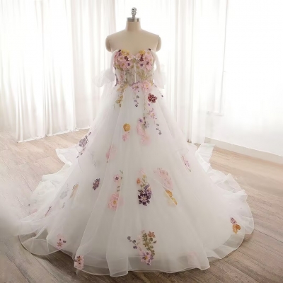 Ivory Floral Off Shoulder A Line Wedding Dress 2024072602