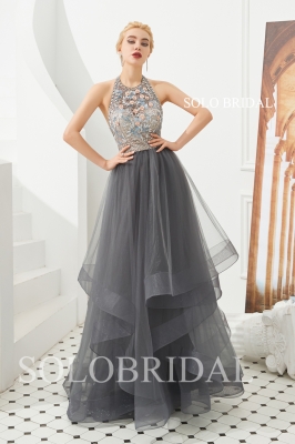 Dark gret ruffle tulle proom dress M493431