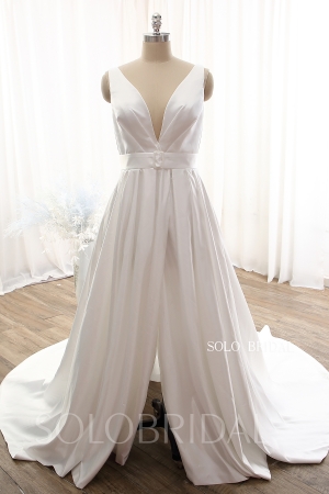 Ivory Bridal Satin A line Split Opening V neck Royal train Wedding Dress DPP_0103