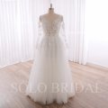 240402C Ivory V Neck Long Sleeve A line Floor Length Wedding Dress