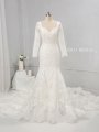 Ivory Fit and Flare Wedding Dress Diamond Neckline 3/4 sleeves Big Triangle Cathedral Train 724A1242a