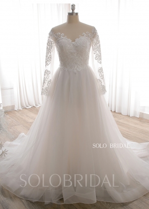 20240612B Ivory Long Sleeves Illusion Top A Line Wedding Dress