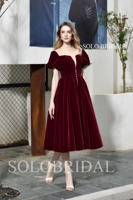 Wine red velvet tea length evening dress P263891