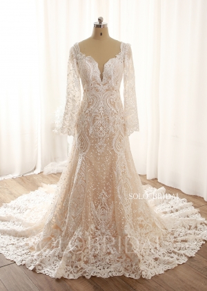 Dark champagne fit and flare lace long sleeve wedding dress 724A9463a
