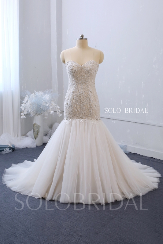 champagne mermaid sweetheart strapless lace up back chapel train