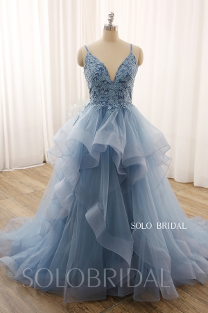 Blue V Neck Ball Gown Ruffle Skirt Lace Up Wedding Dress 724A3664